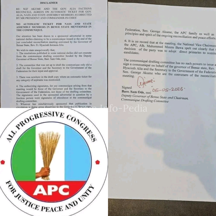 BENUE APC PANEL DISOWNS 'AUTOMATIC TICKET' CLAIMS, SAYS NO SUCH DECISION AT ALIA–AKUME MEETING 