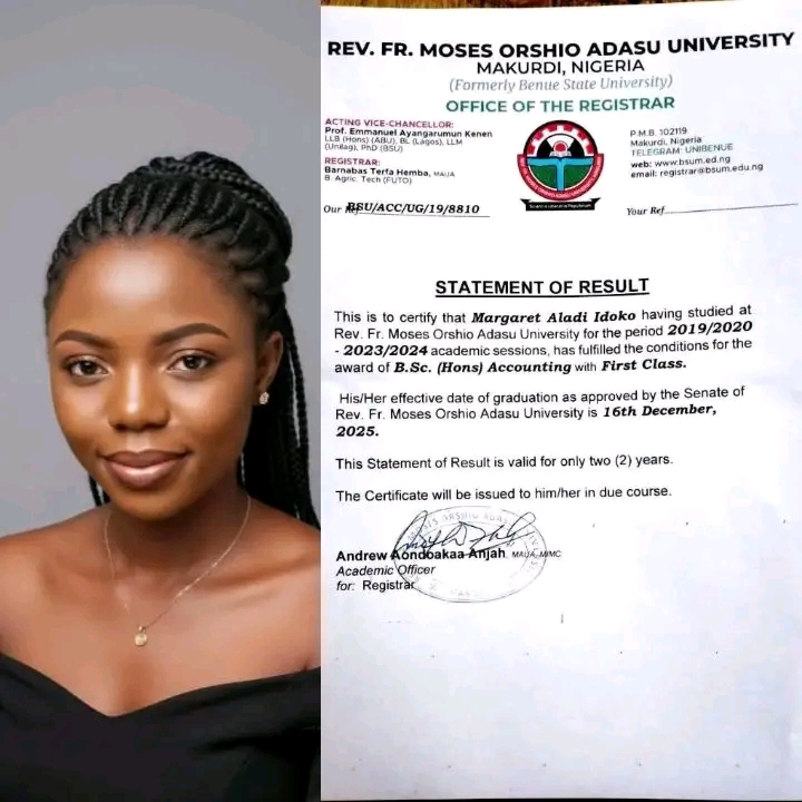BENUE GRADUATE BAGS FIRST-CLASS DEGREE IN ACCOUNTING 